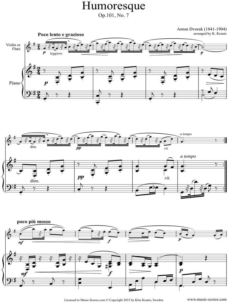 Op.101, No.7: Humoresque: Violin, Easy Piano by Dvorak