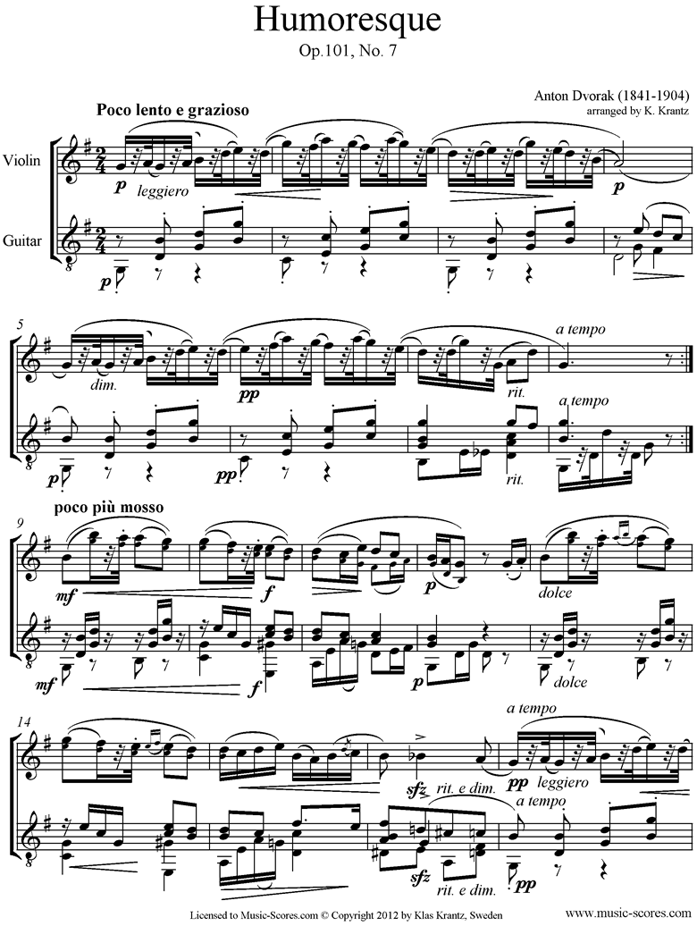 Op.101, No.7: Humoresque: Violin, Guitar by Dvorak