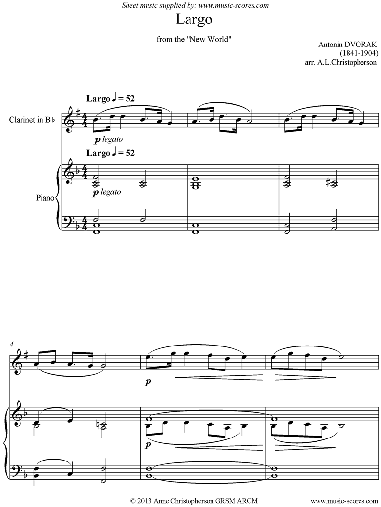 Front page of Largo theme from the New World Symphony No. 9: Op. 95: Clarinet and Piano. Higher. sheet music