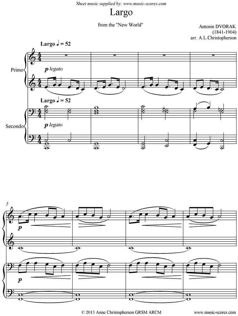 Front page of Largo theme from the New World Symphony No. 9: Op. 95: Piano Duet sheet music