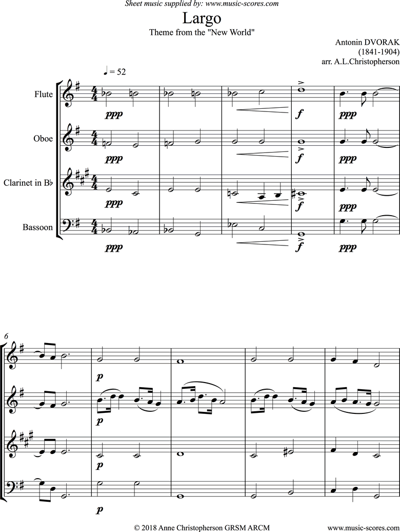 Front page of Largo theme from the New World Symphony No. 9: Op. 95: Wind Quartet sheet music