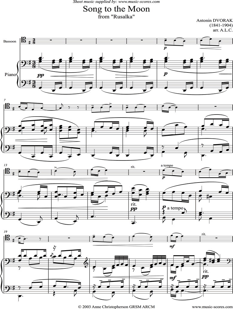 Front page of Song to the Moon: from Rusalka. Bassoon, Tenor clef sheet music