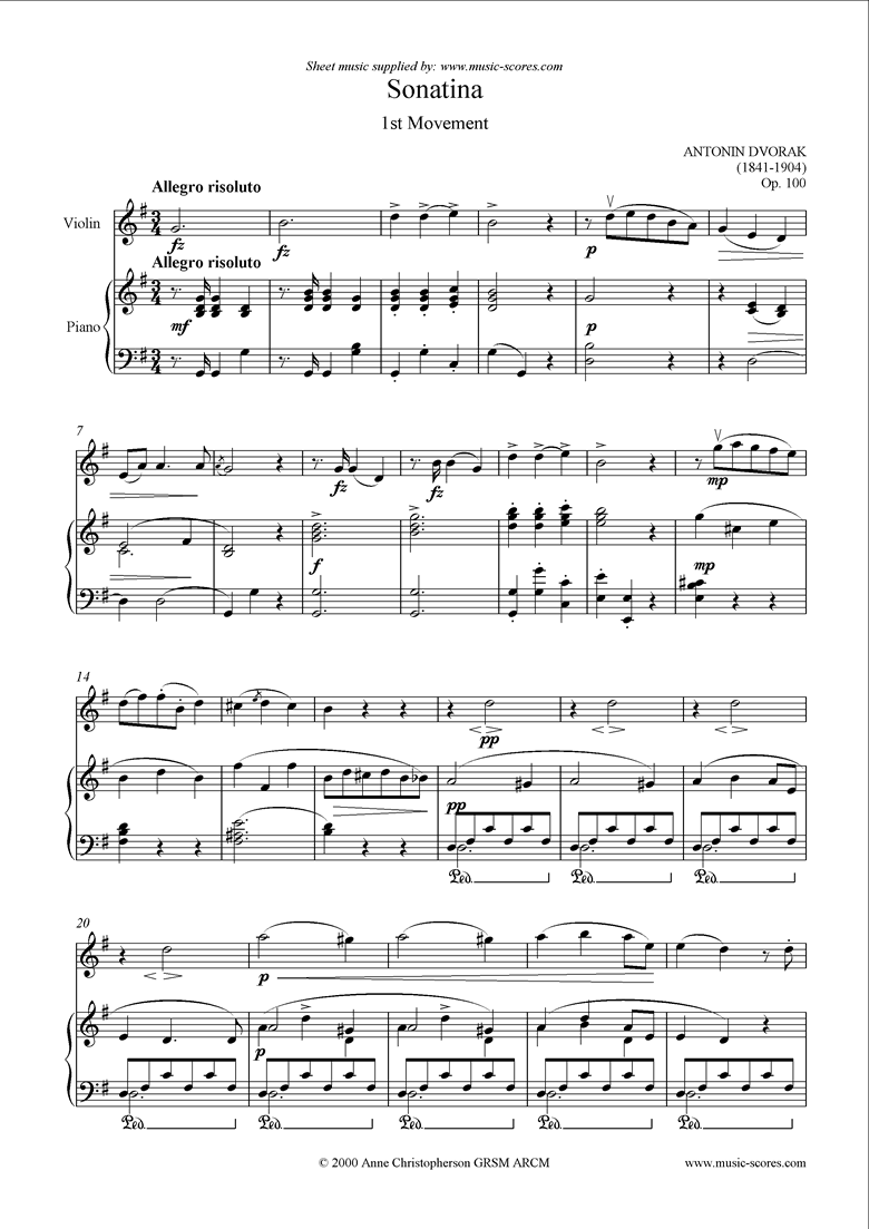 Front page of Op.100: Sonatina 1st Mvt: Allegro Risoluto: Violin sheet music
