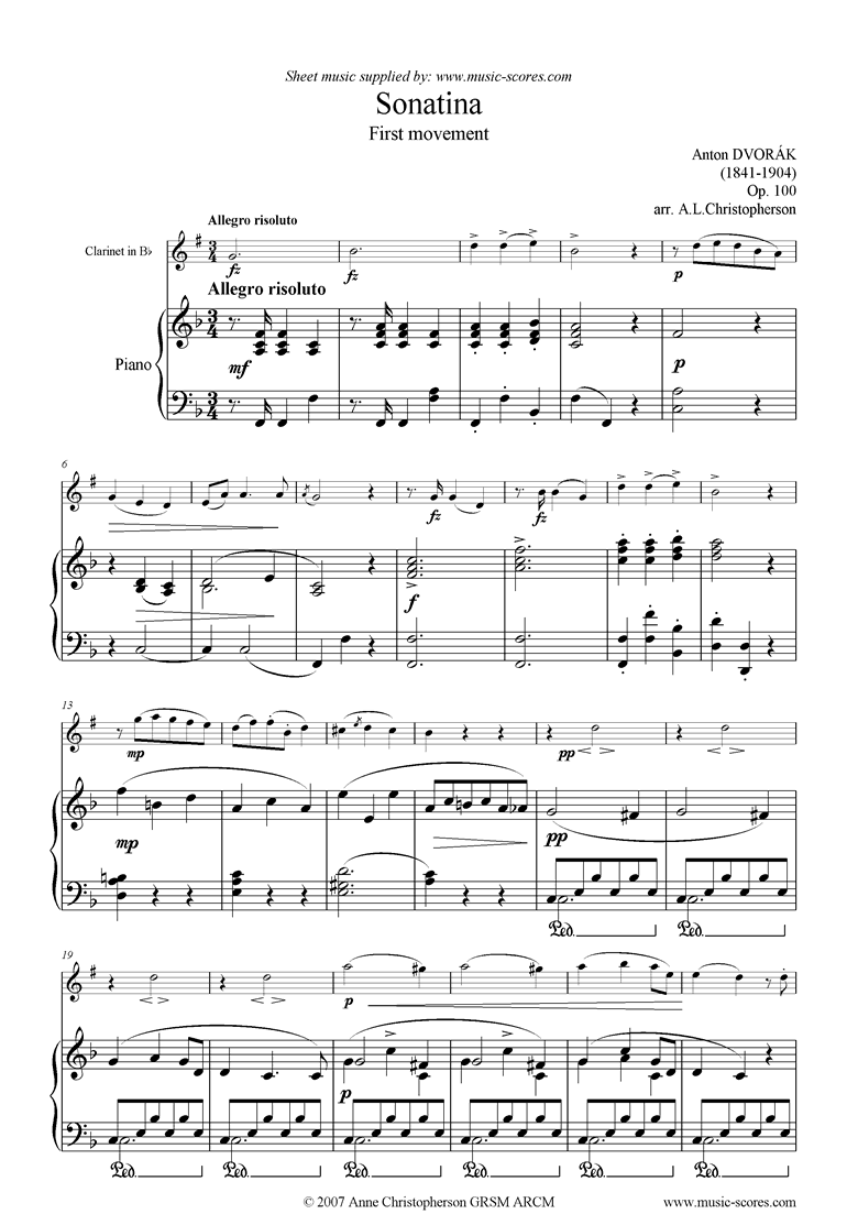 Op.100: Sonatina 1st Mvt: Allegro: Clarinet by Dvorak