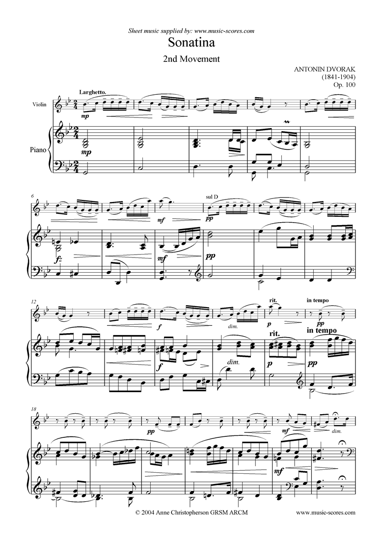 Front page of Op.100: Sonatina 2nd Movement: Larghetto: Violin sheet music