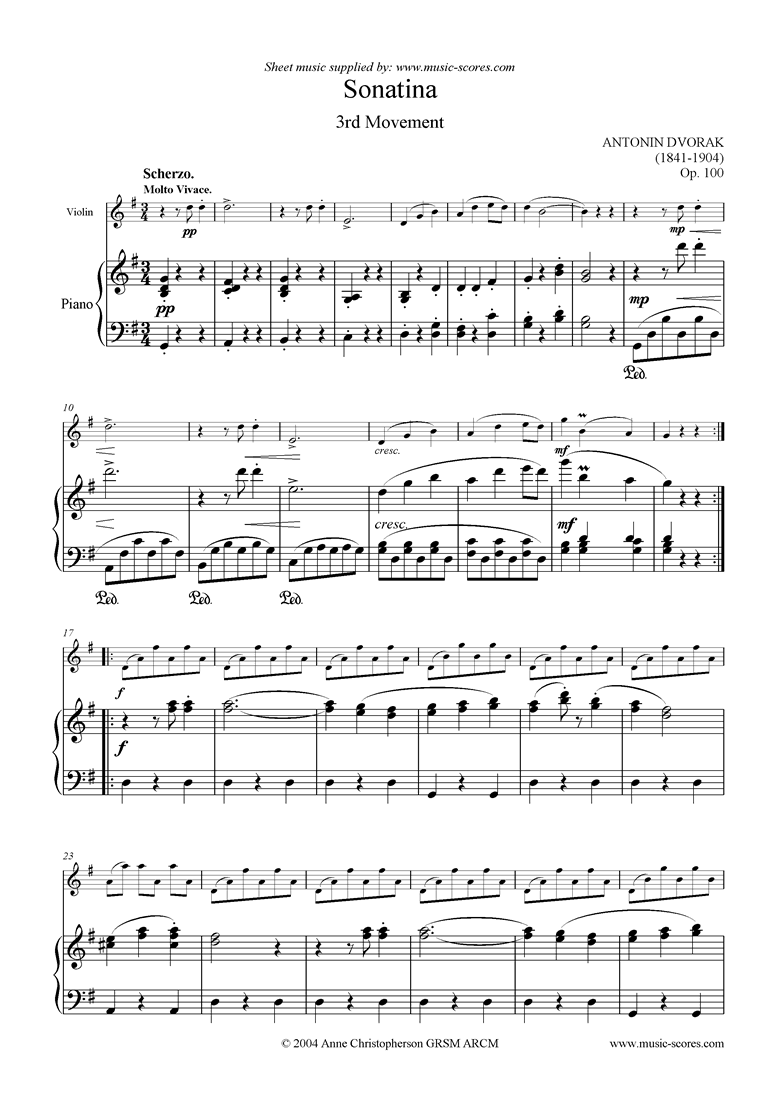 Op.100: Sonatina 3rd Mvt: Scherzo, Trio: Violin by Dvorak