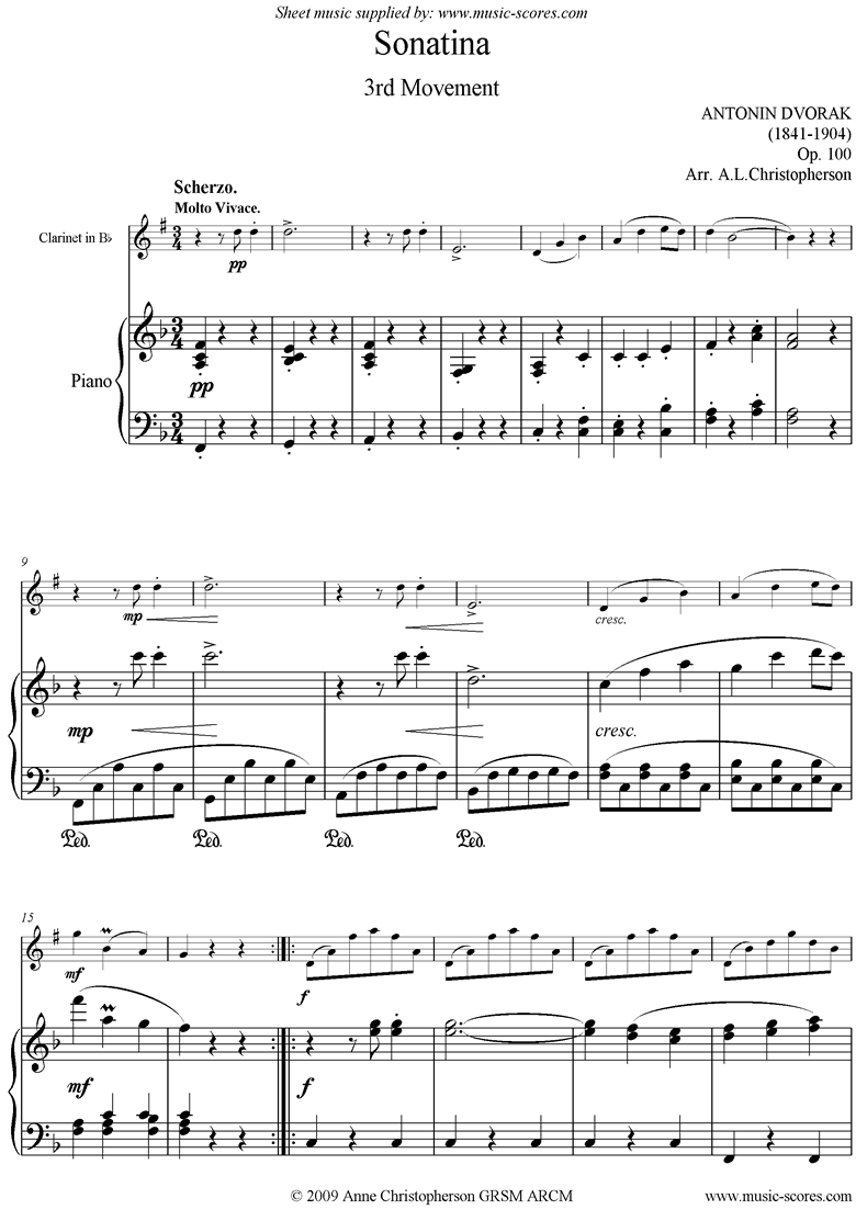 Op.100: Sonatina 3rd Mvt: Scherzo, Trio: Clarinet by Dvorak