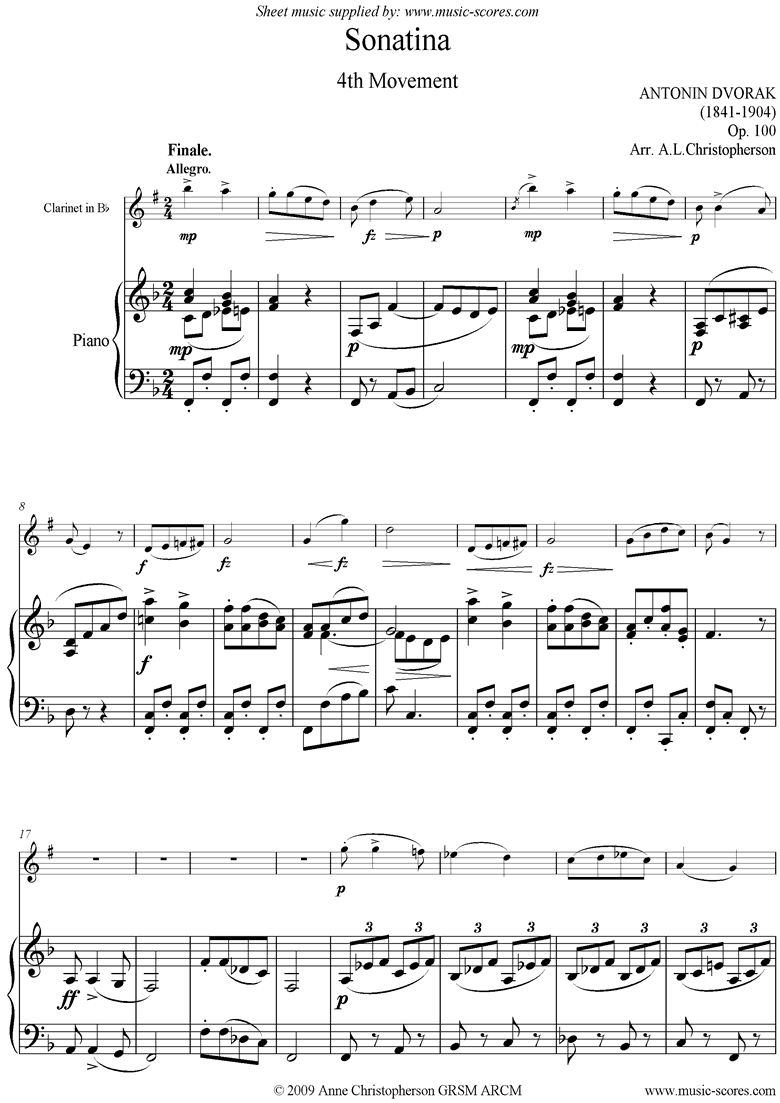 Op.100: Sonatina 4th Mvt: Finale: Clarinet by Dvorak
