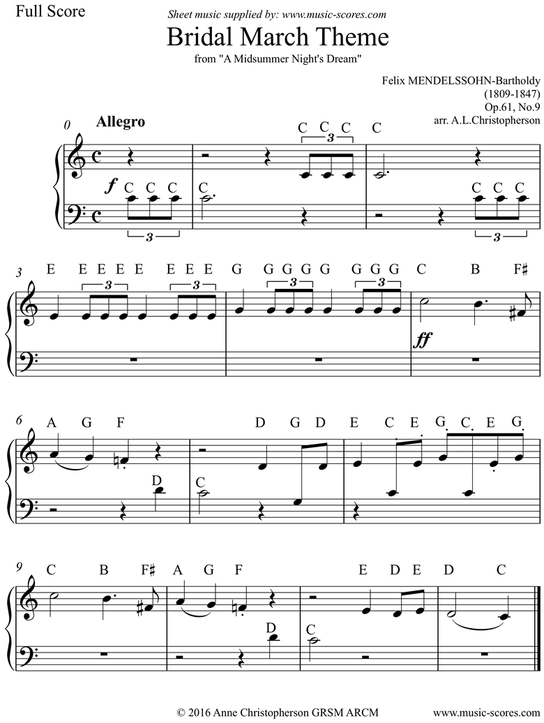 Op.61: Midsummer Nights Dream: Bridal March: Easy Piano by Mendelssohn
