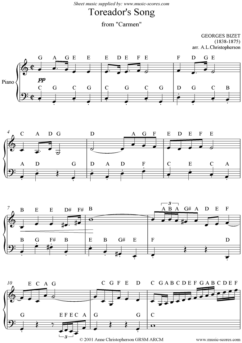 Front page of Toreadors Song: from Carmen: easy piano sheet music