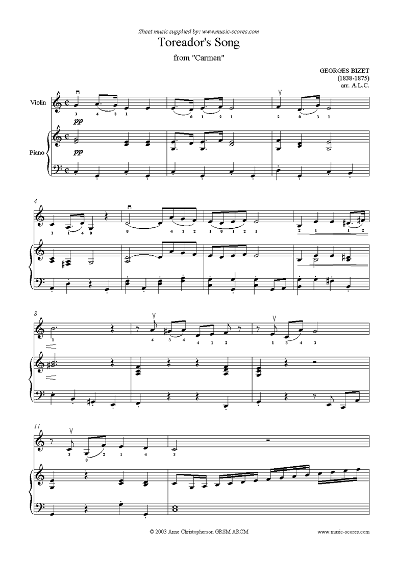 Front page of Toreadors Song: from Carmen: Violin sheet music