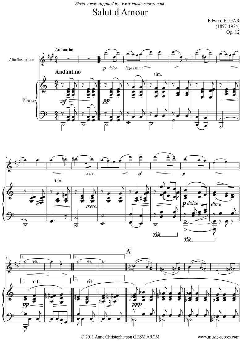 Front page of Salut dAmour: Alto Sax sheet music