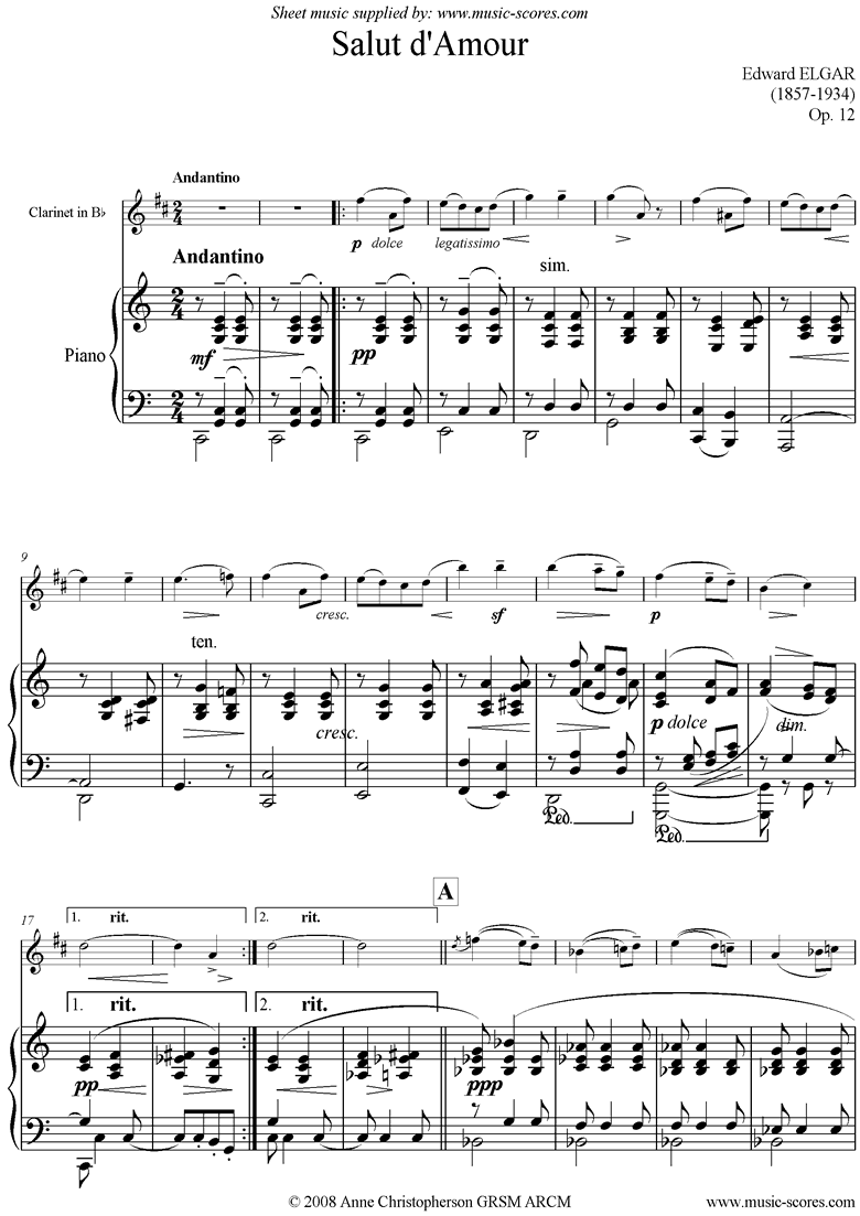 Front page of Salut dAmour: Clarinet sheet music