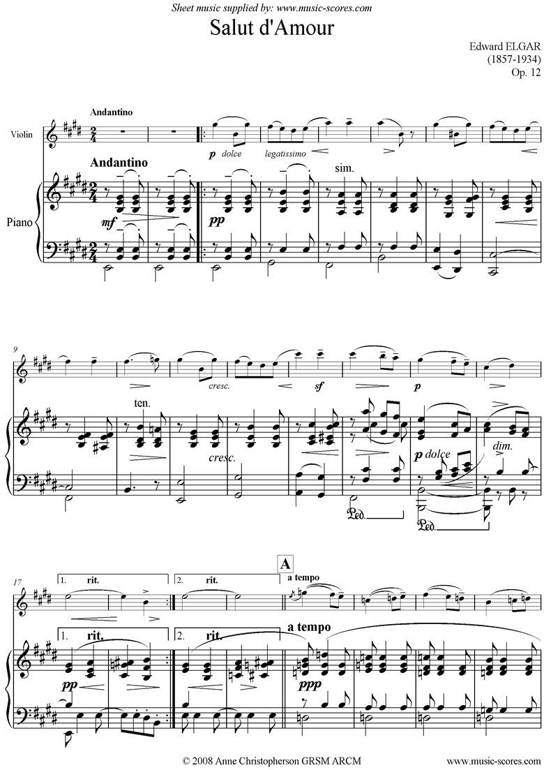 Front page of Salut dAmour: Violin sheet music