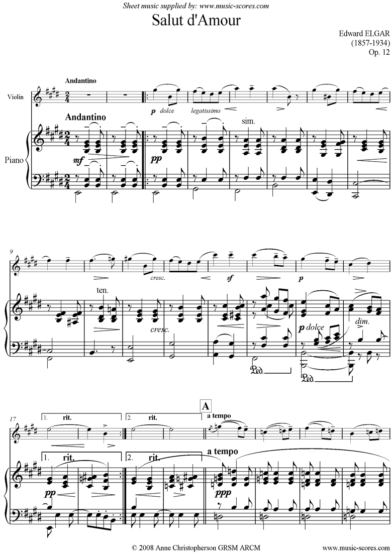 Salut dAmour: Violin lower by Elgar