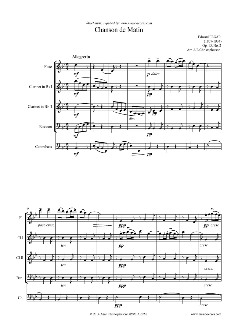 Front page of Chanson de Matin: Flute, 2 Clarinets, Bassoon, Double Bass sheet music