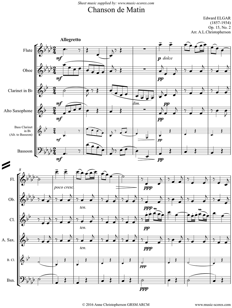 Front page of Chanson de Matin: Wind ensemble sheet music