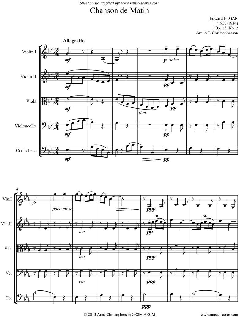 Front page of Chanson de Matin: String ensemble sheet music