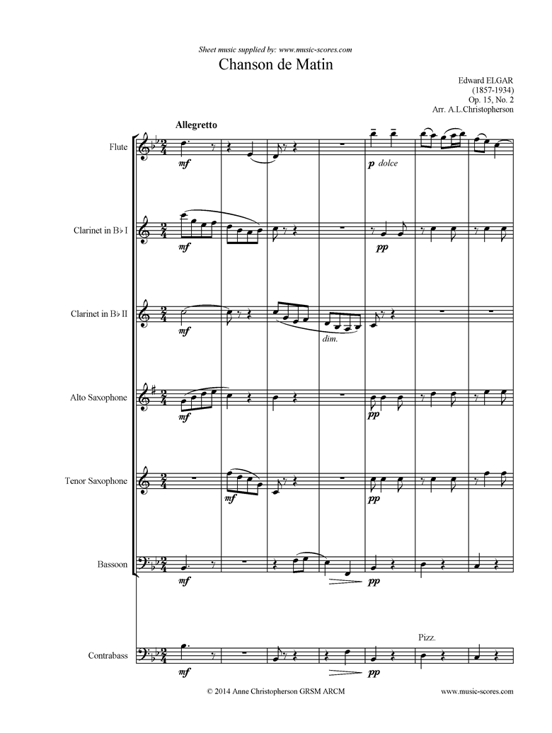 Front page of Chanson de Matin: Flute, 2 Clarinets, Alto Tenor Sax, Bassoon, Double Bass sheet music