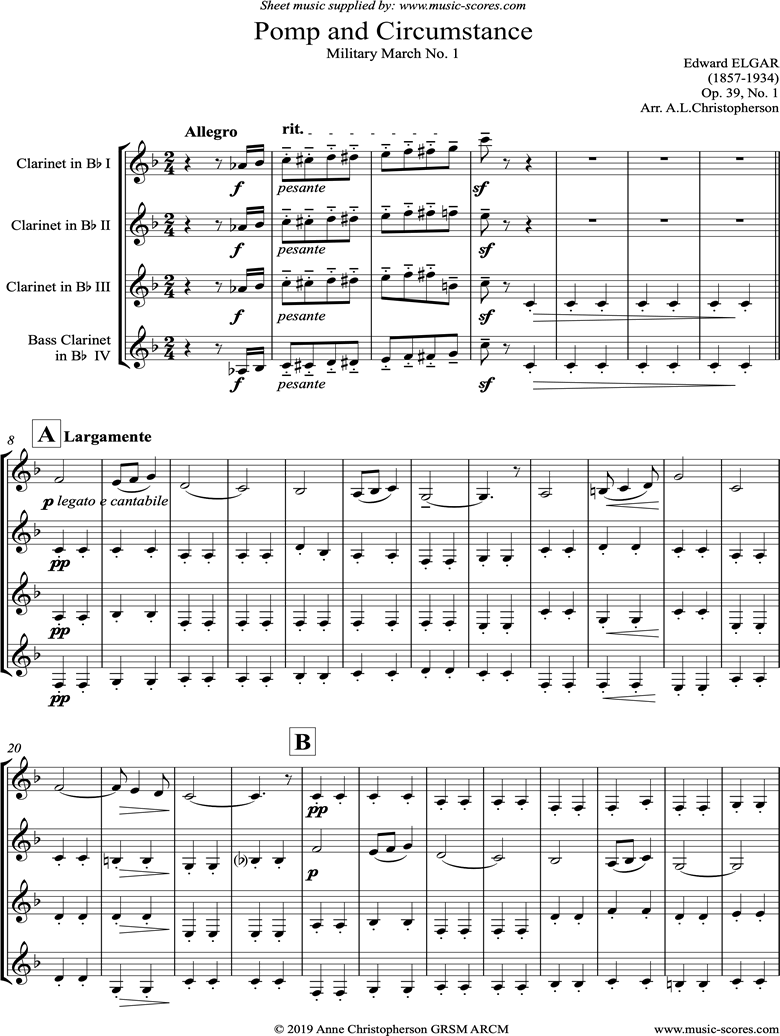 Front page of Land of Hope and Glory: Clarinet Quartet sheet music