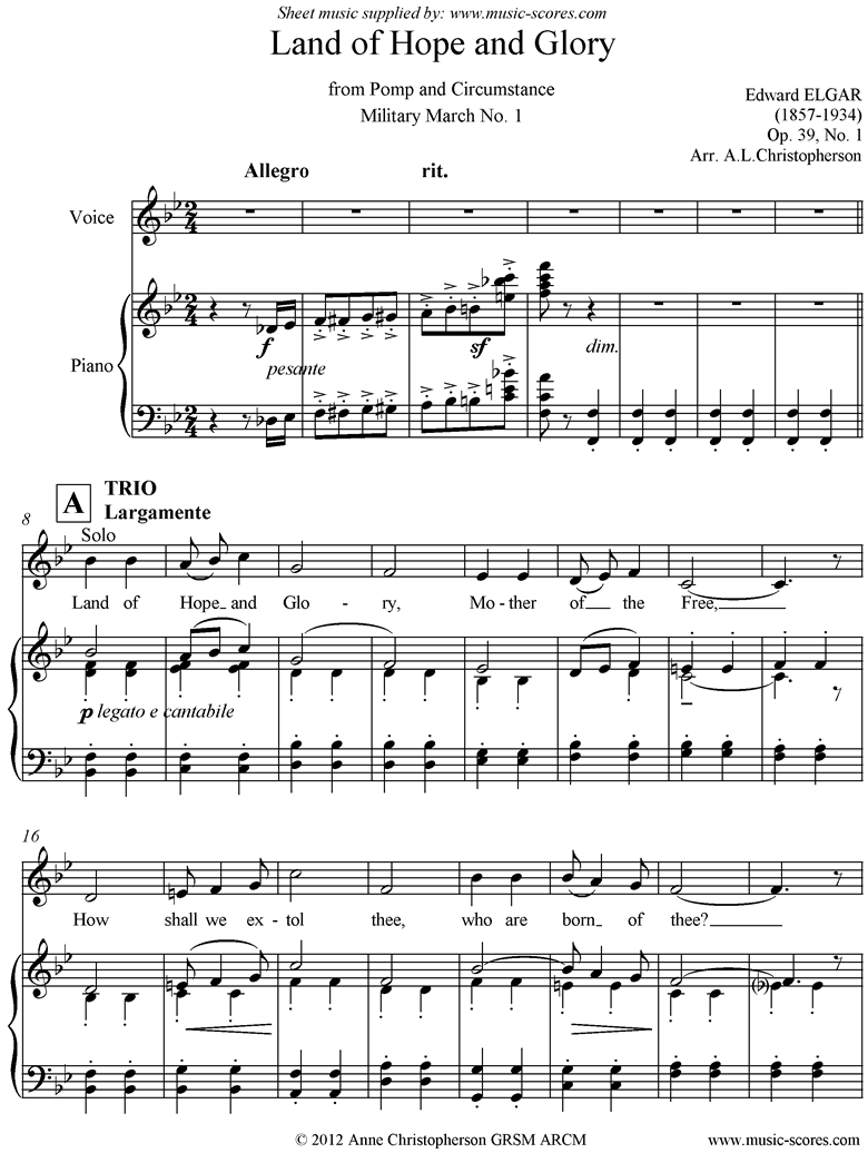 Front page of Land of Hope and Glory: Voice, Piano sheet music