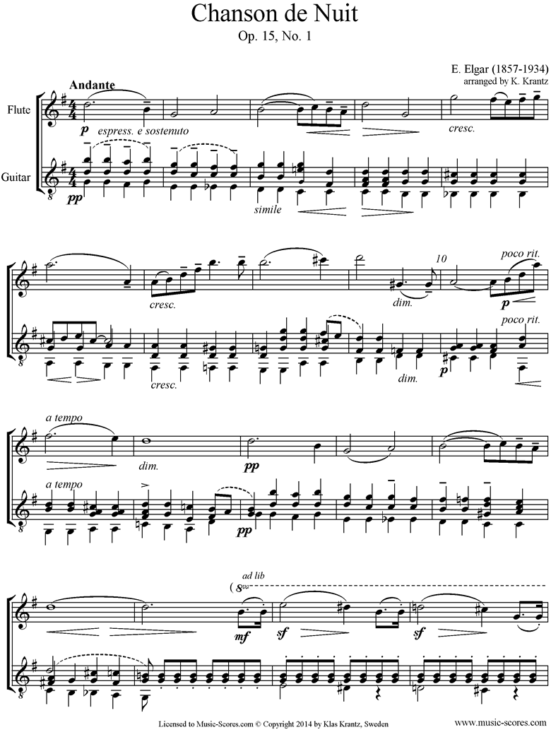 Chanson de Nuit: Flute, Guitar by Elgar