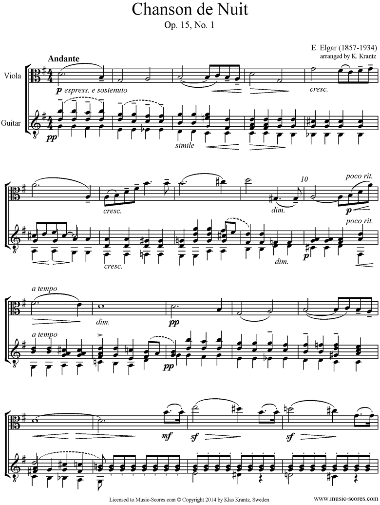 Chanson de Nuit: Viola, Guitar by Elgar