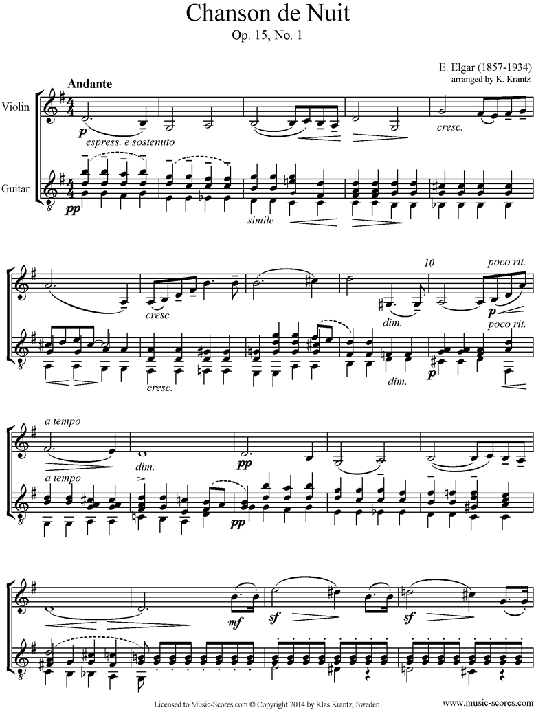 Chanson de Nuit: Violin, Guitar by Elgar