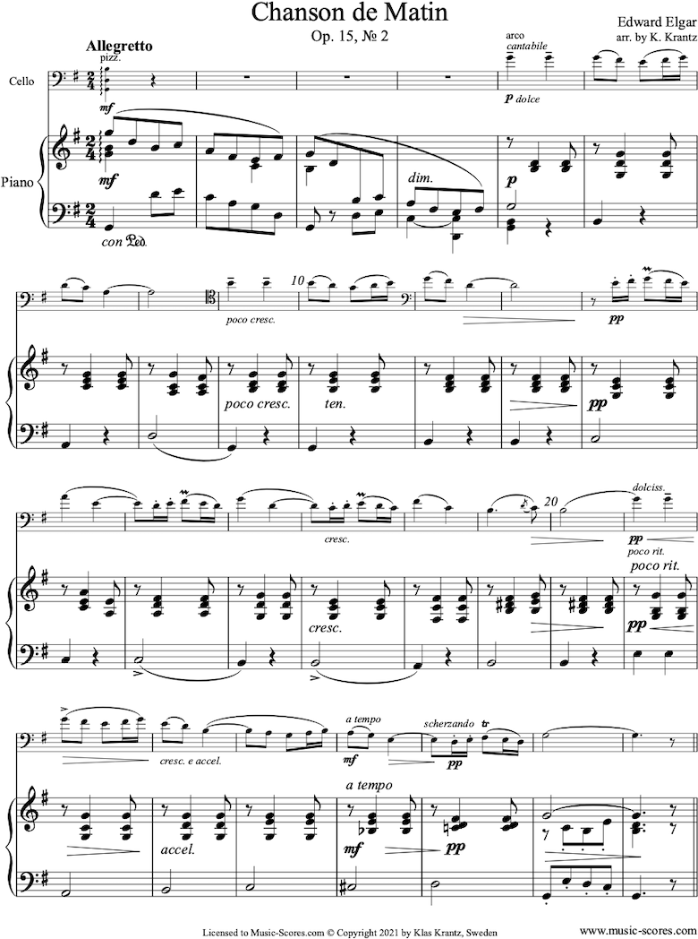 Chanson de Matin: Cello, Piano by Elgar