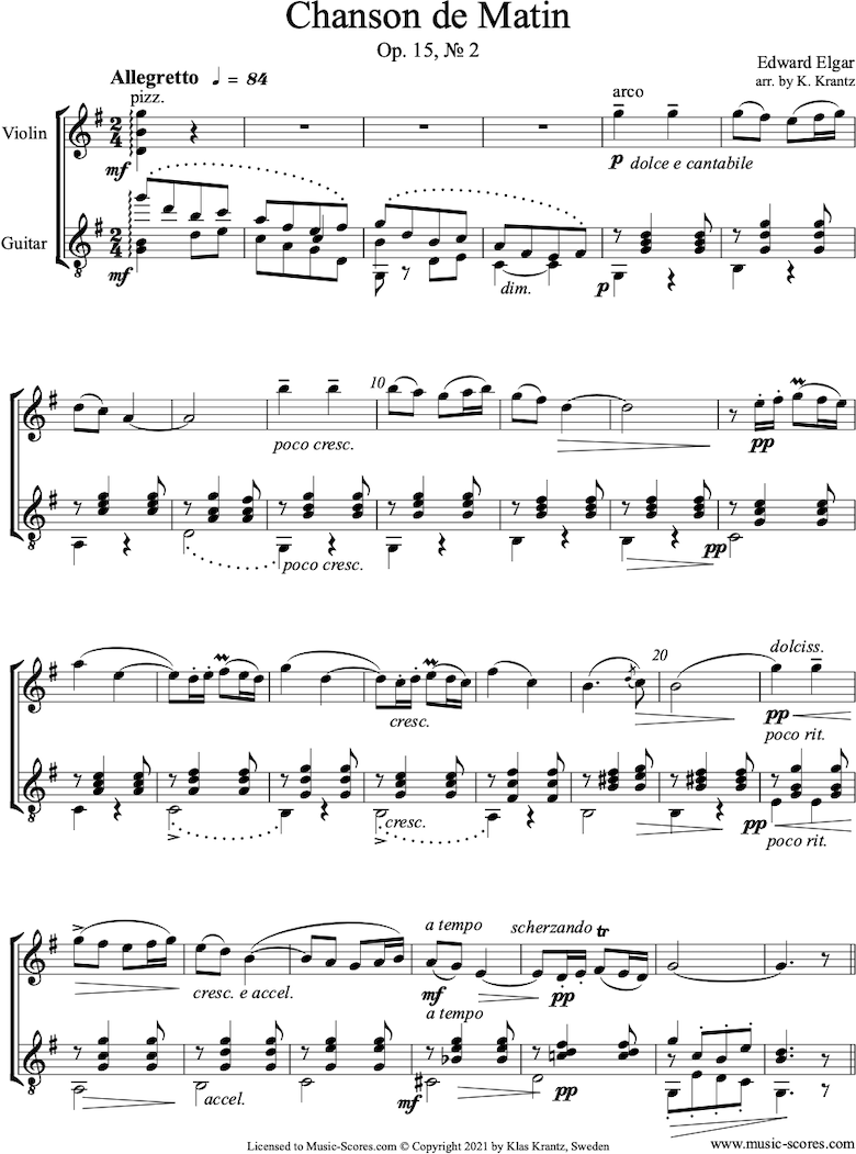 Chanson de Matin: Violin, Guitar by Elgar
