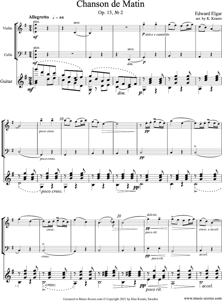 Chanson de Matin: Violin, Cello, Guitar by Elgar