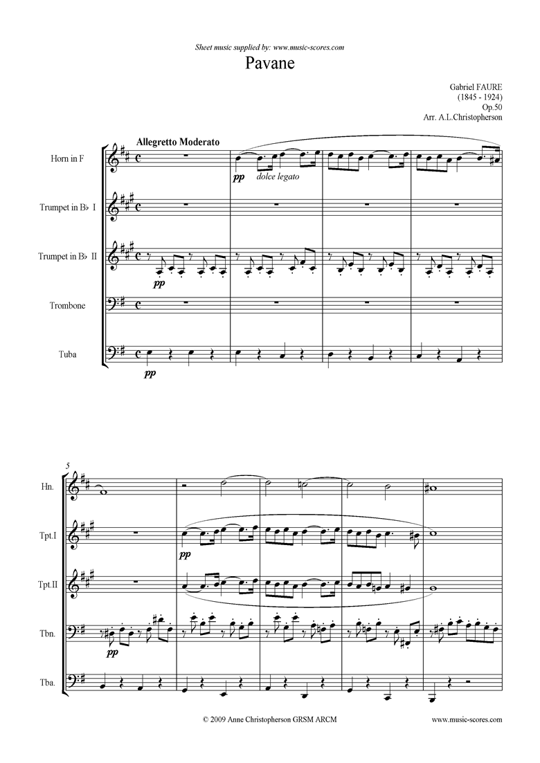 Front page of Op.50: Pavane: Brass 5: Horn, 2 Tpts, Tbn, Tuba sheet music