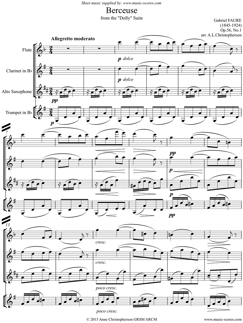 Op.56 No1: Berceuse: Flute, Clarinet, Alto Sax, Trumpet by Faure