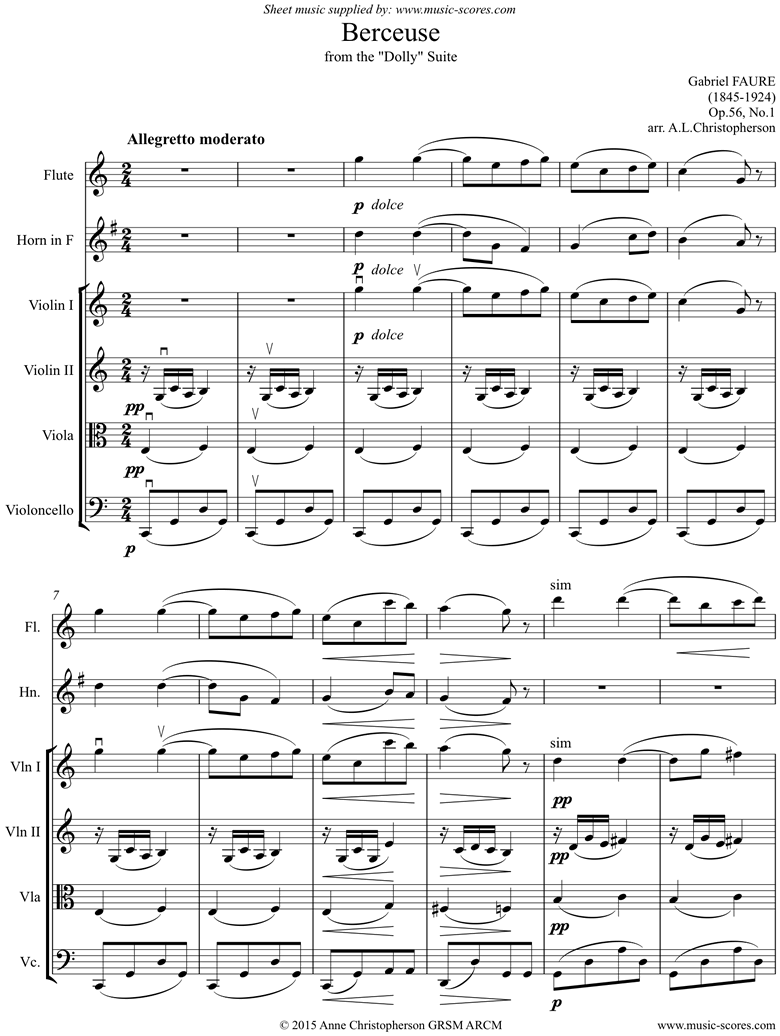 Front page of Op.56, No.1: Berceuse from Dolly Suite: Flute, Horn, Strings sheet music