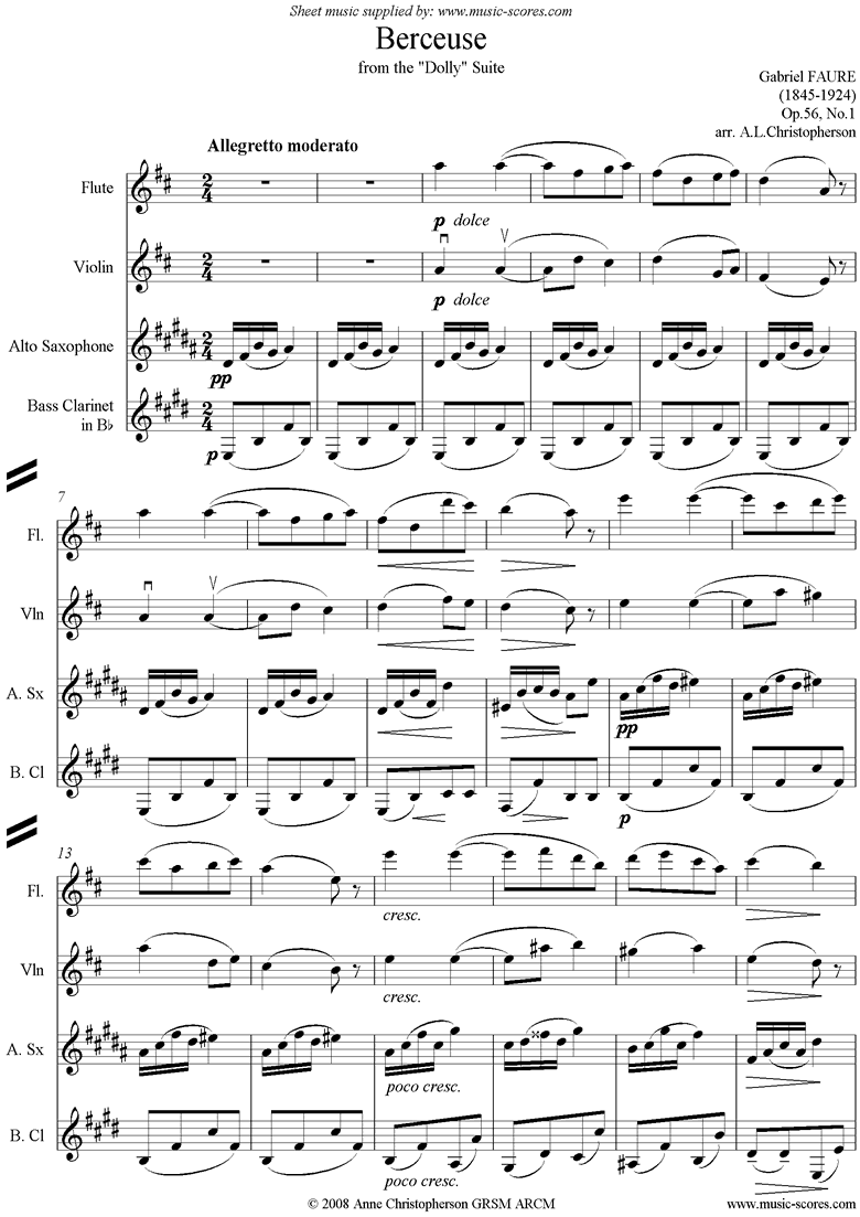 Op.56 No1: Berceuse: Flute, Vn, AltoSax, BassClari by Faure