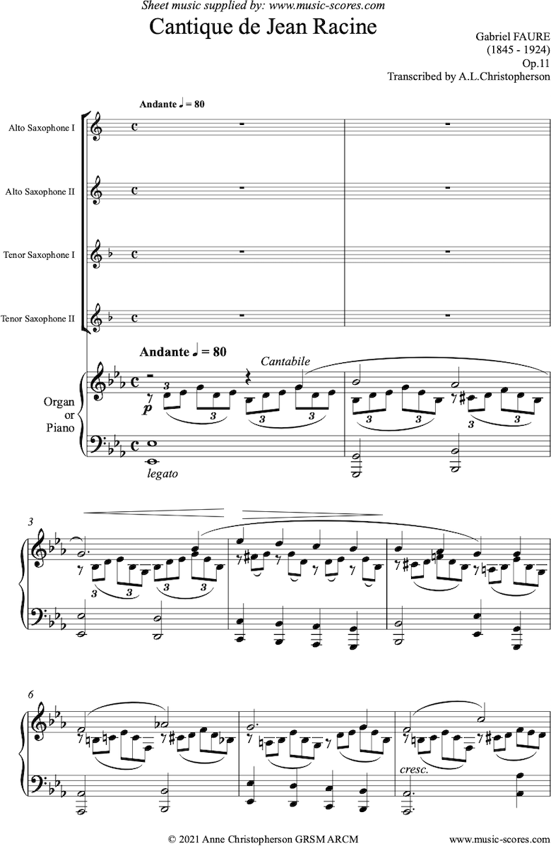 Op.11: Cantique de Jean Racine: 2 Alto Saxes, 2 Tenor Saxes and Piano or Organ by Faure