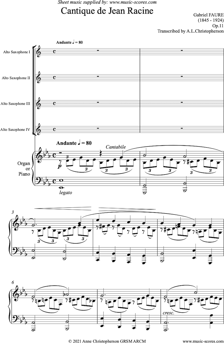 Op.11: Cantique de Jean Racine: 4 Alto Saxes and Piano or Organ by Faure