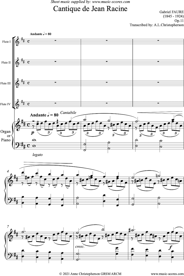 Op.11: Cantique de Jean Racine: 4 Flutes and Piano or Organ by Faure