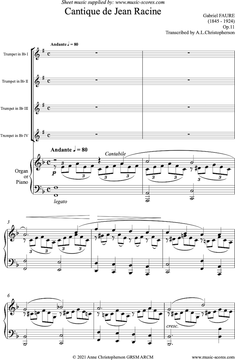 Op.11: Cantique de Jean Racine: 4 Trumpets and Piano or Organ by Faure