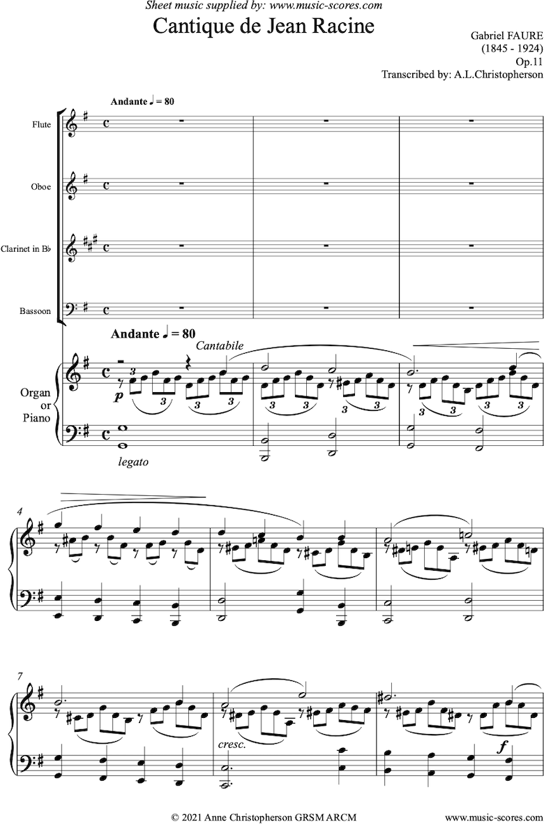 Op.11: Cantique de Jean Racine: Flute, Oboe, Clarinet, Bassoon and Piano or Organ by Faure