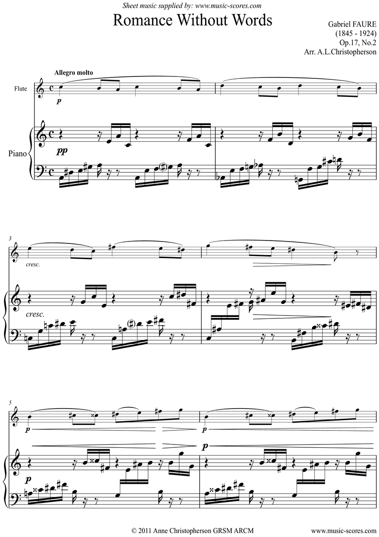 Front page of Op.17, No.2: Romance Without Words: Flute sheet music