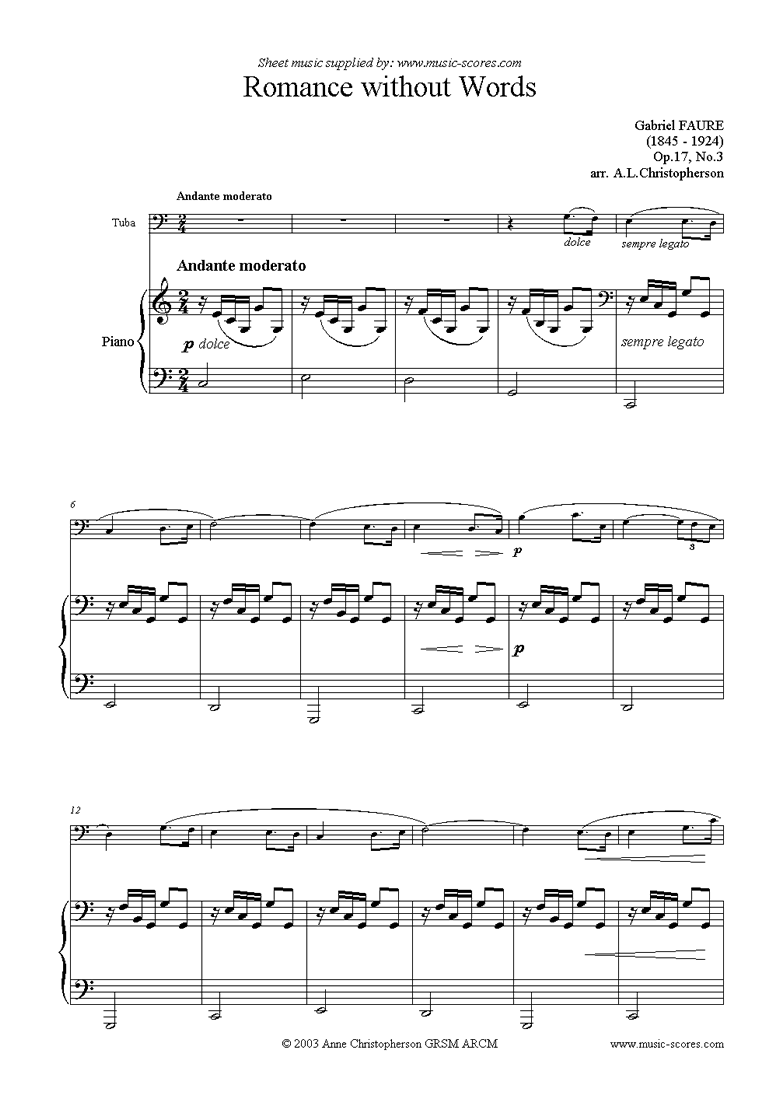 Front page of Op.17, No.3: Romance Without Words: Tuba sheet music