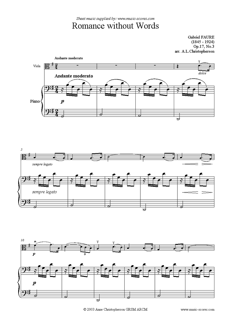 Front page of Op.17, No.3: Romance Without Words: Viola sheet music