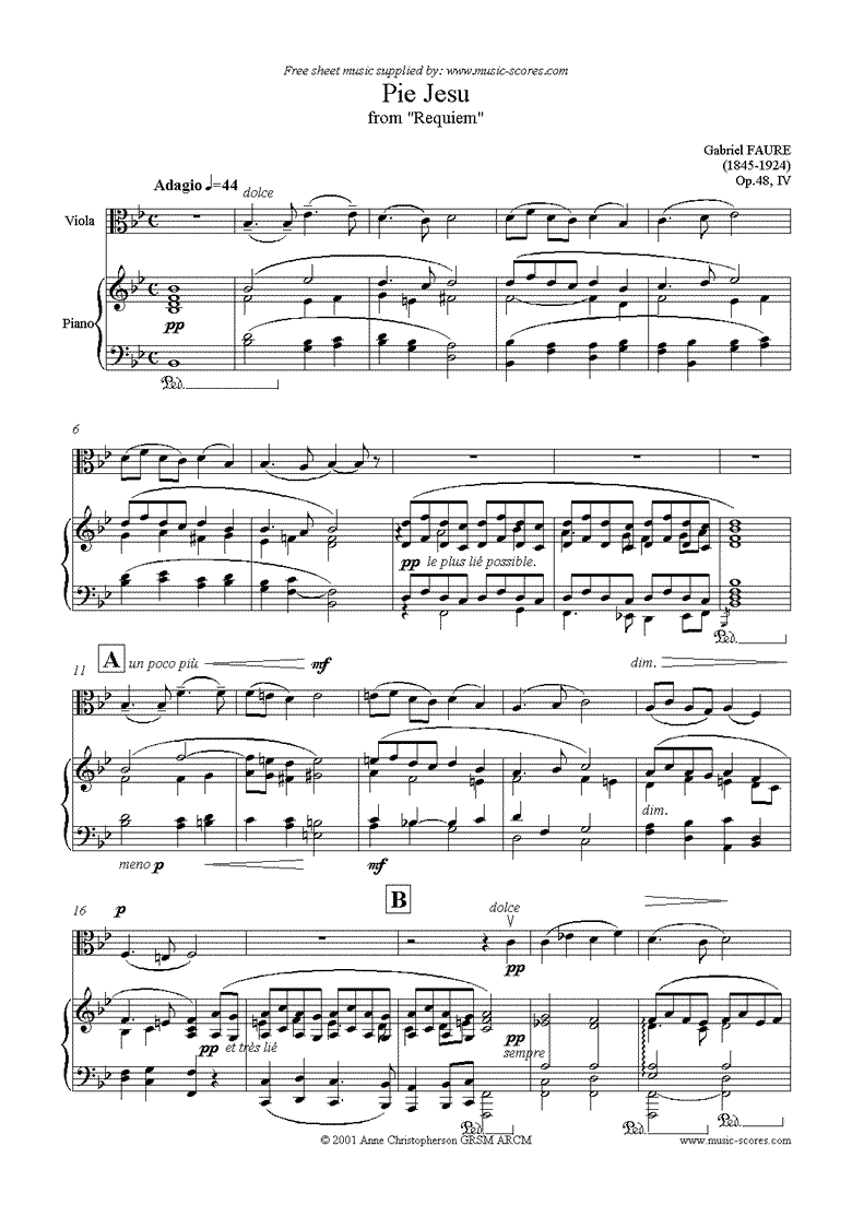 Op.48: Pie Jesu from Faur Requiem: Viola, Piano by Faure