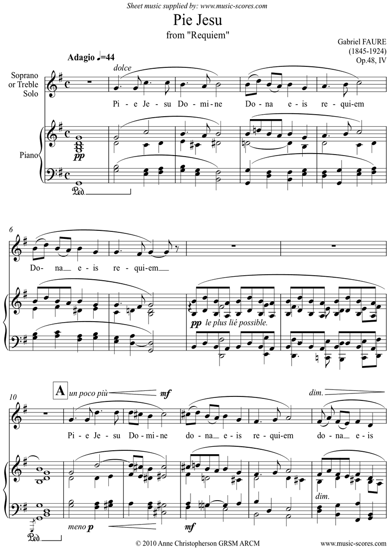 Front page of Op.48: Pie Jesu from Fauré Requiem: Voice: G major sheet music