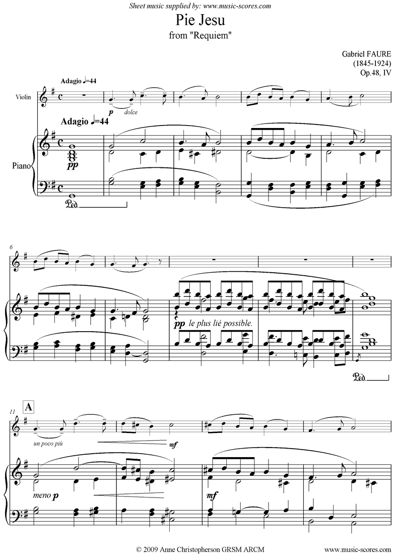Op.48: Faur Requiem: Pie Jesu: Violin, Piano: Gma by Faure