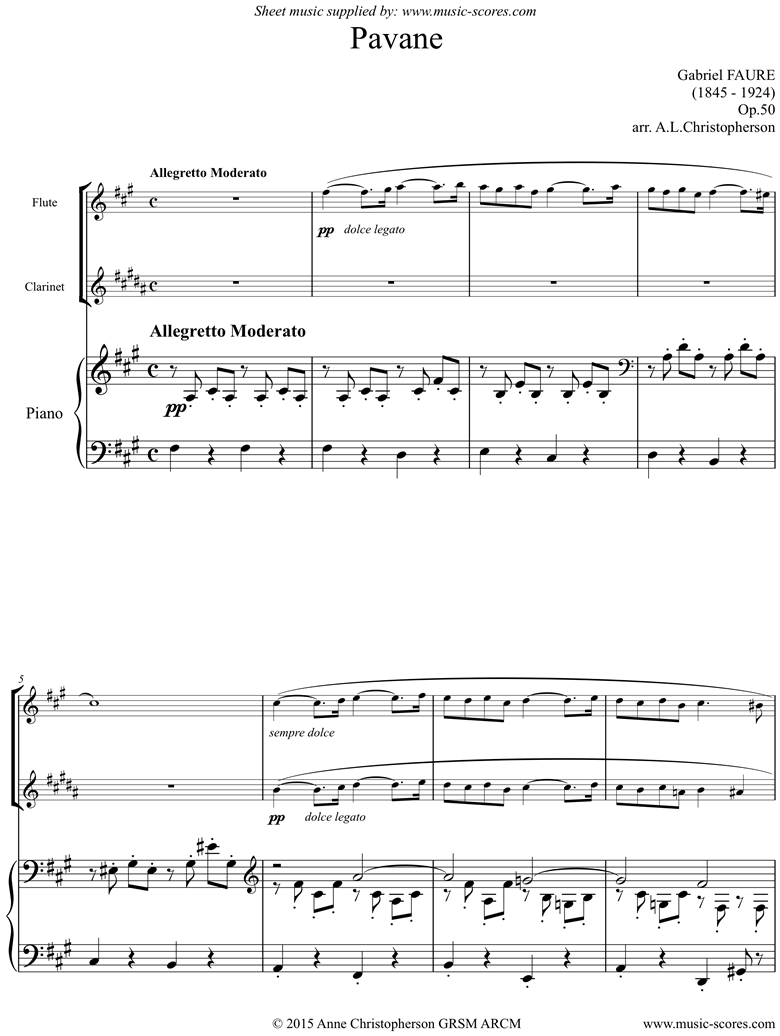 Front page of Op.50: Pavane: Flute, Clarinet and Piano. F sharp mi sheet music