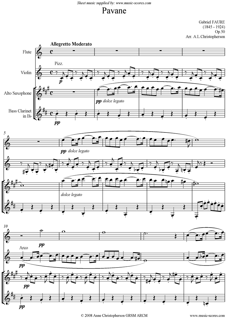 Op.50: Pavane: Flute, Violin, Alto Sax, Bass Clari by Faure