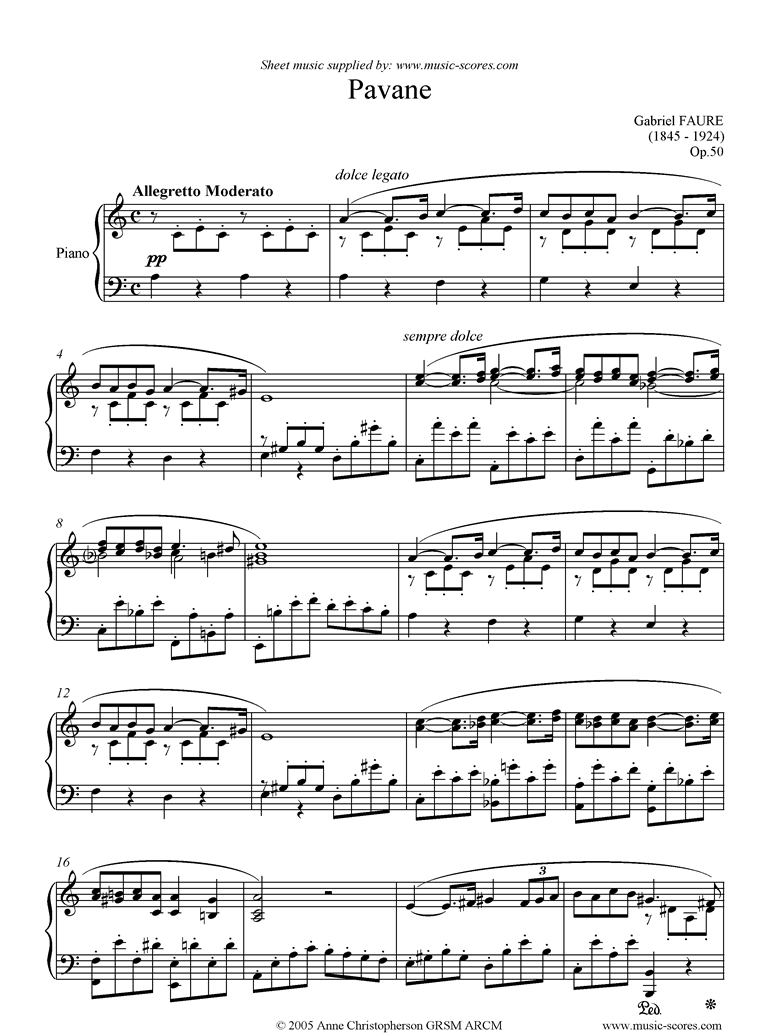 Front page of Op.50: Pavane: Piano solo: A minor sheet music