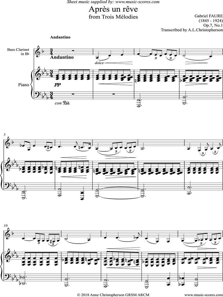 Op.07 No.1: Apres un Reve: Bass Clarinet by Faure
